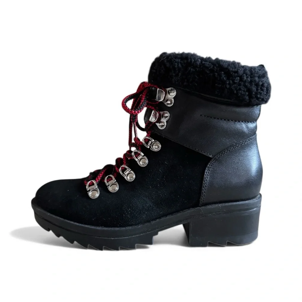 Marc Fisher Suede Faux Fur Fall Winter Boots Lace-Up Lug Sole Black Red Size 5.5